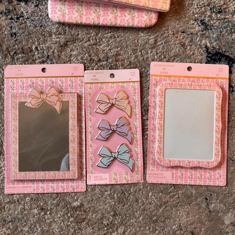 LoveShackFancy Pink floral magnetic mirror , dry erase board and bow magneTs